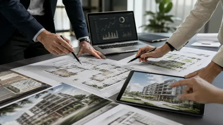 Image1 1 1 - White Space | Digital Marketing Agency Team of professionals reviews architectural blueprints on a table, using pens, a tablet showing a building render, and a laptop with charts in the background.
