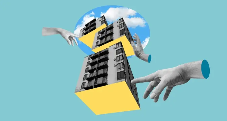 image 1 - White Space | Digital Marketing Agency Surreal collage of a tall apartment building with yellow geometric shapes, being guided by two hands against a turquoise background.